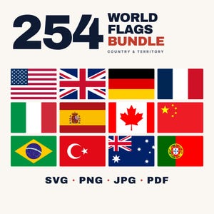 Peut inclure: Une image avec le texte "254 WORLD FLAGS BUNDLE" et des drapeaux de pays. Les drapeaux incluent ceux des États-Unis, du Royaume-Uni, de l'Allemagne, de la France, de l'Italie, de l'Espagne, du Canada, de la Chine, du Brésil, de la Turquie, de l'Australie et du Portugal. Formats de fichiers : SVG, PNG, JPG, et PDF.