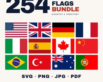254 World Flags SVG Bundle, Country Clipart (Digital Download - png, pdf, jpg)