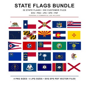 Könnte beinhalten: Ein Bundle mit 50 Staatsflaggen, darunter Kalifornien, Texas und Hawaii. Die Flaggen sind in einem Raster angeordnet, wobei das Design jeder Flagge deutlich sichtbar ist. Text zeigt Dateitypen und Nutzung an.