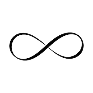 Può includere: Un simbolo di infinito nero caratterizzato da una linea continua e fluida che forma due anelli simmetrici uniti in un punto centrale. Il design è realizzato in colore nero pieno su uno sfondo neutro, creando una forma chiara e definita.