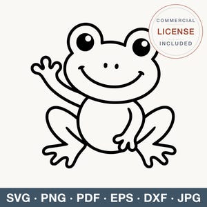 May include: A black and white line art illustration of a smiling frog waving one hand. The design features a circular badge in the top right corner with the text COMMERCIAL LICENSE INCLUDED. The bottom area displays the text SVG PNG PDF EPS DXF JPG.