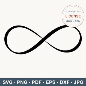 Może przedstawiać: Czarny symbol nieskończoności wyśrodkowany na jasnym tle. Okrągła odznaka w prawym górnym rogu zawiera tekst COMMERCIAL LICENSE INCLUDED. Dolny obszar zawiera listę formatów plików SVG, PNG, PDF, EPS, DXF oraz JPG.