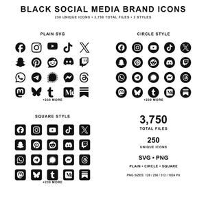 May include: Black social media brand icons in plain, circle, and square styles. The image includes 250 unique icons and 3,750 total files. The icons are available in SVG and PNG formats, with PNG sizes ranging from 128 to 1024 pixels.