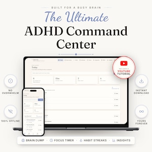 ADHD Command Center, Neurodivergent Organizer, Brain Dump, Focus Timer (Digital Download)