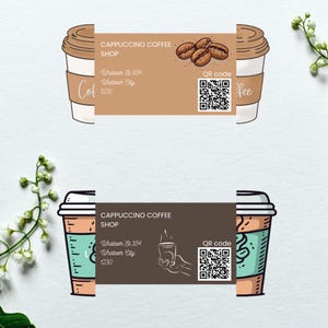 May include: Two coffee cup illustrations with business card designs. The cards feature the text "CAPPUCCINO COFFEE SHOP", address, and a QR code. One card has coffee beans, the other a hand holding a coffee cup.