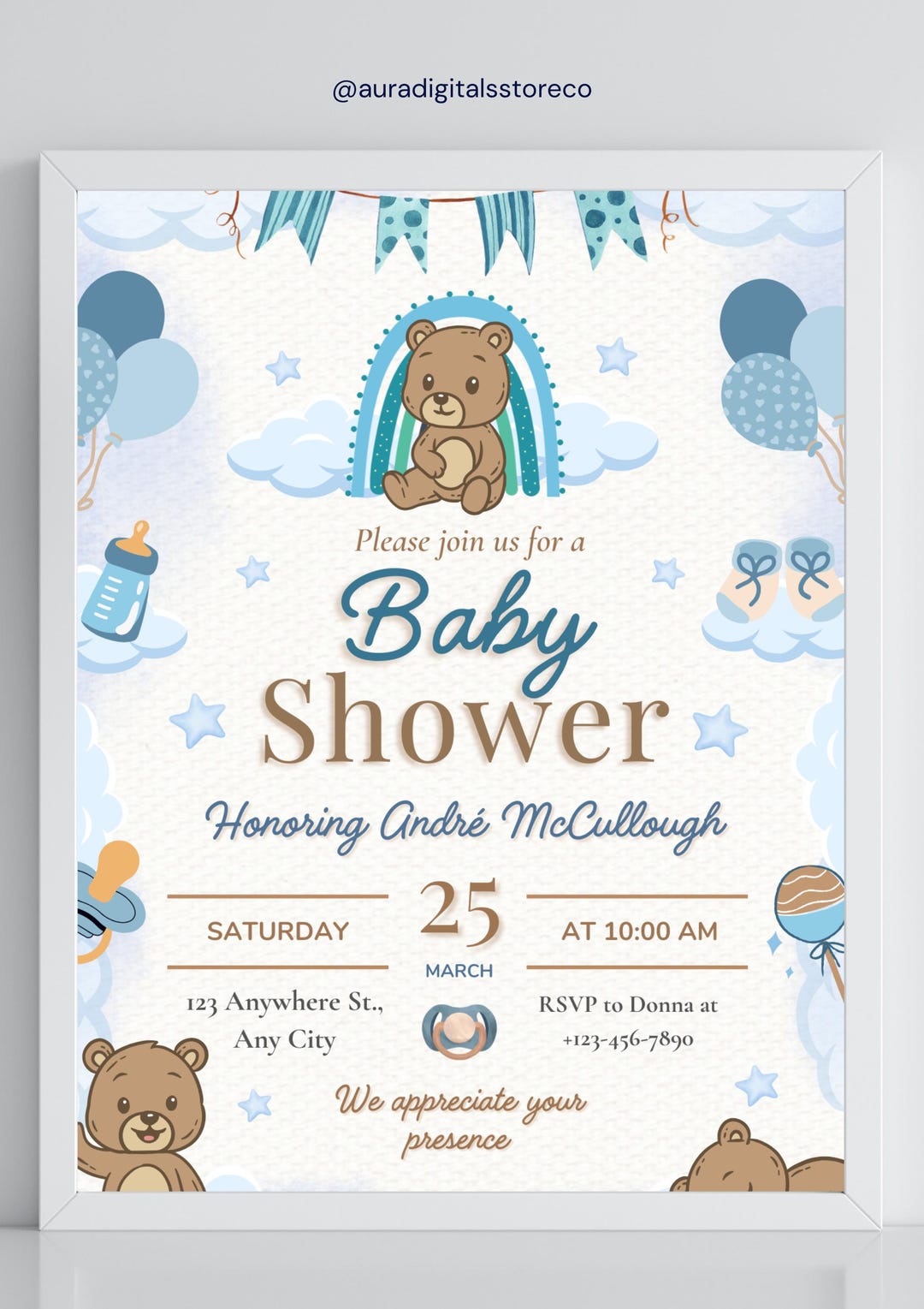 Blue Teddy Bear Baby Shower Invitation, It’s a Boy Rainbow Invite ...