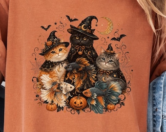Halloween Cat Shirt, Witch Cat Fish T-Shirt, Spooky Black Cat Tee, Cute Pumpkin Cat Comfort Colors Shirt, Cat Lover Gift