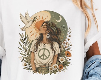 Maglietta Boho Peace, maglietta con sole, luna e colomba con stampa floreale, top hippie per amanti della natura, maglietta vintage con grafica e colori comodi.