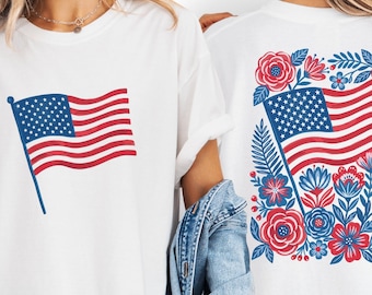 American Flag Floral Shirt, Patriotic Garden Tee, Front Back Comfort Colors, Summer Freedom Gift