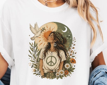 Boho Peace Floral Dove Shirt, Hippie Sun Moon Nature Vintage Graphic Comfort Colors Tee