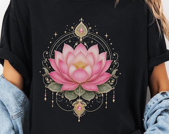 Maglietta con fiore di loto rosa, t-shirt boho botanica, regalo zen yoga meditazione, t-shirt vintage con grafica e colori comodi