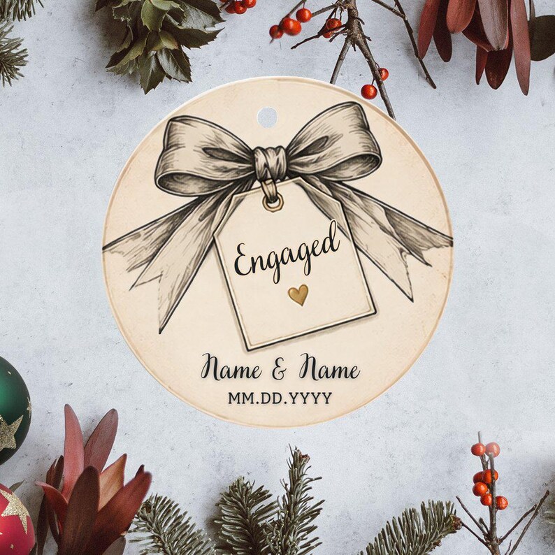 May include: A round, cream-colored ornament featuring a black and white sketch of a large bow tied to a gift tag. The tag displays the word Engaged in black script with a small gold heart below it, followed by the text Name & Name and MM.DD.YYYY.