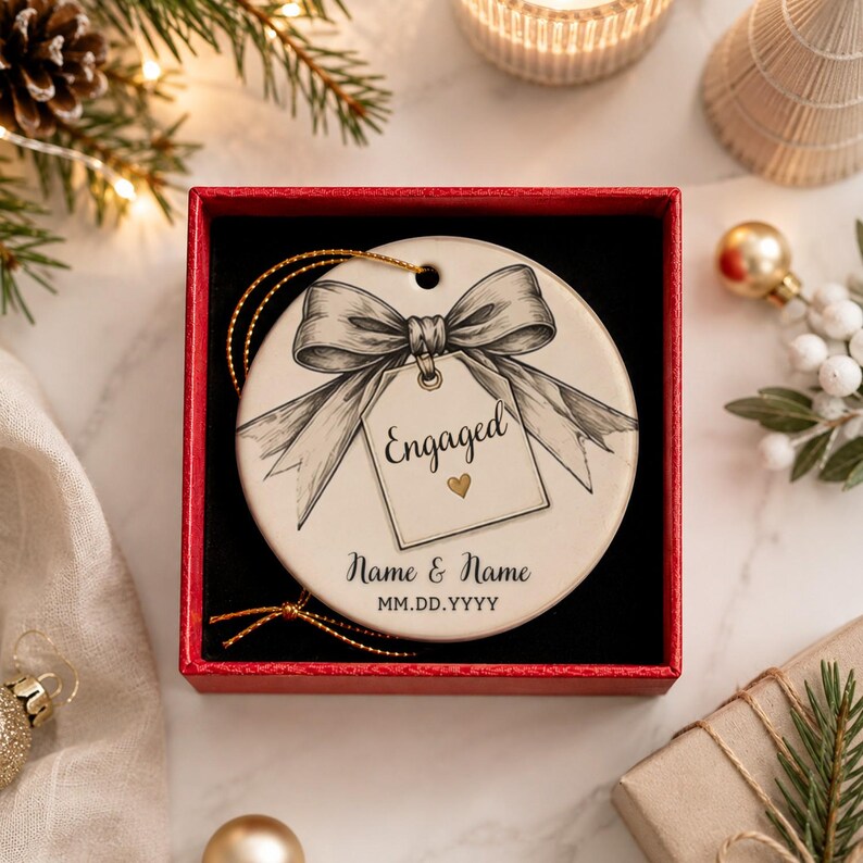 May include: A round white ceramic ornament inside a red gift box. The ornament features a black line-art illustration of a bow tied to a gift tag with the word Engaged and a small gold heart. Below, the text reads Name & Name and MM.DD.YYYY.
