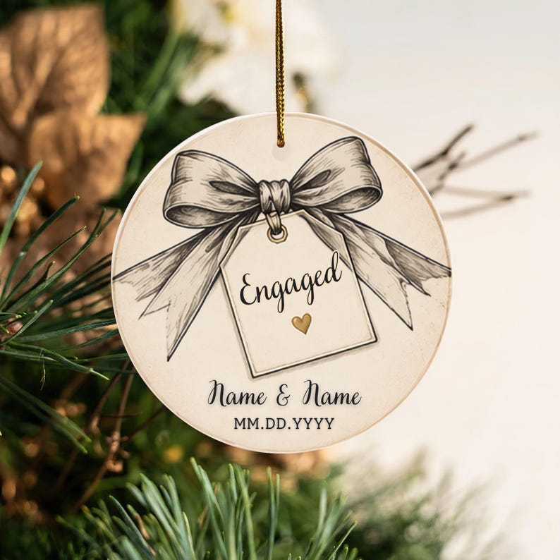 May include: A round ceramic ornament featuring a black and white sketch of a large bow tied to a gift tag. The tag displays the word Engaged with a small gold heart. Below, the text Name & Name and MM.DD.YYYY is printed in black ink.