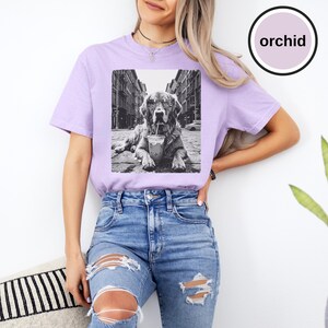 Peut inclure: Un t-shirt &agrave; manches courtes violet clair avec une impression graphique en noir et blanc repr&eacute;sentant un chien portant des lunettes de soleil et buvant dans un gobelet sur une rue urbaine. Le t-shirt a un col rond. Le mot orchid est imprim&eacute;.