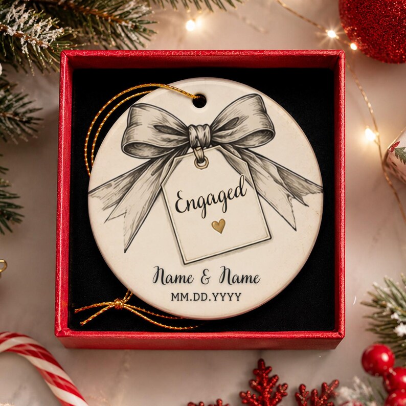 May include: A round white ceramic ornament featuring a black and white sketch of a bow tied to a tag with the text Engaged and a small gold heart. Below the tag, the text reads Name & Name and MM.DD.YYYY. The ornament has a gold hanging string.