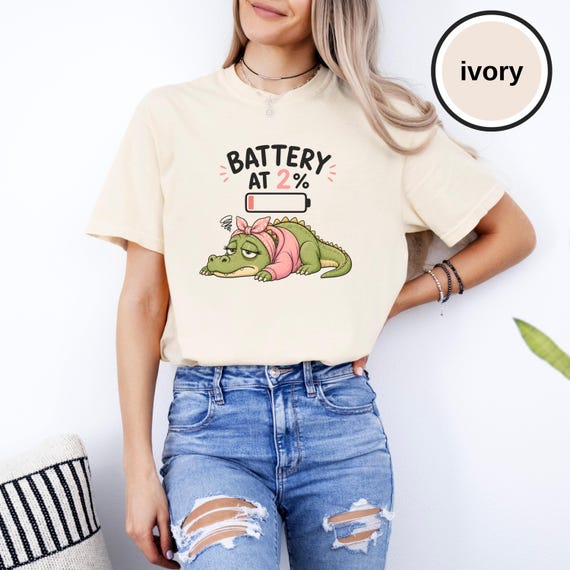 Funny Low Energy Alligator Shirt, Battery at 2 Percent Tee, Tired Reptile Graphic Top, Cute Mood Gift