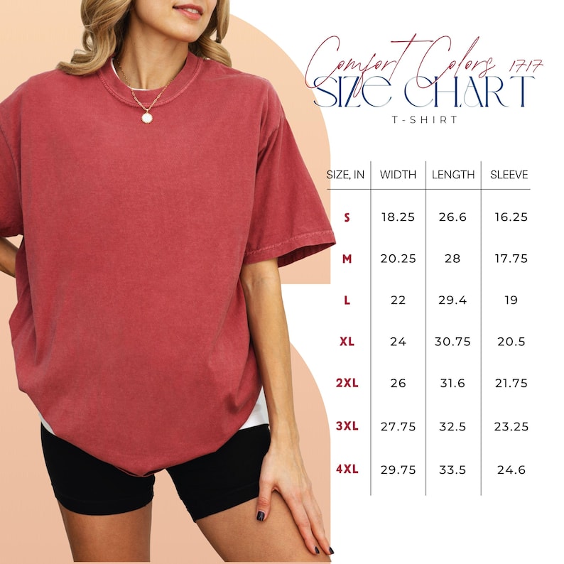 May include: A red short-sleeve t-shirt alongside a size chart titled Comfort Colors 1717. The chart displays sizes from S to 4XL, detailing width, length, and sleeve measurements in inches to assist with selecting the appropriate garment size for the wearer.