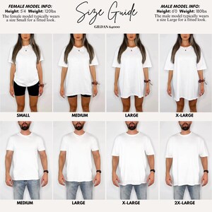 May include: A size guide for Gildan 64000 t-shirts, showcasing the fit on female and male models. The guide includes sizes Small, Medium, Large, X-Large, and 2X-Large. The female model is 5'4" and 120lbs, wearing a Small. The male model is 6'0" and 180lbs, wearing a Large.