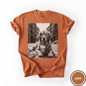 Peut inclure: Un t-shirt &agrave; manches courtes orange br&ucirc;l&eacute; avec une impression graphique centrale en noir et blanc repr&eacute;sentant un golden retriever portant des lunettes de soleil, assis dans une rue avec un gobelet en plastique et une paille devant lui.