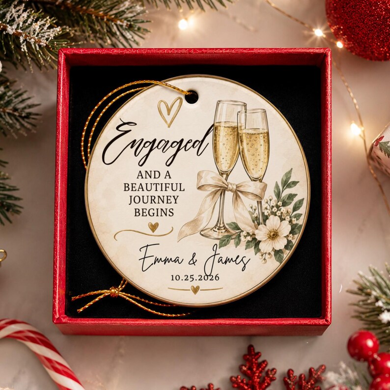 K&ouml;nnte beinhalten: Ein rundes Keramikornament mit zwei Champagnergl&auml;sern, einer beigen Schleife und Blumenmotiven. Der Text lautet: Engaged AND A BEAUTIFUL JOURNEY BEGINS, Emma & James, 25.10.2026. Das Ornament hat eine goldene Aufh&auml;ngeschnur und liegt in einer roten Schachtel.