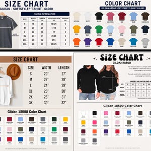 Op de afbeelding: Een uitgebreide referentiegids met maat- en kleurentabellen voor Gildan 64000 t-shirts, 18000 sweatshirts en 18500 hoodies. De afbeelding toont maattabellen in inches, visuele voorbeelden van kledingstukken en rasters met beschikbare kleurstalen voor elke stijl.