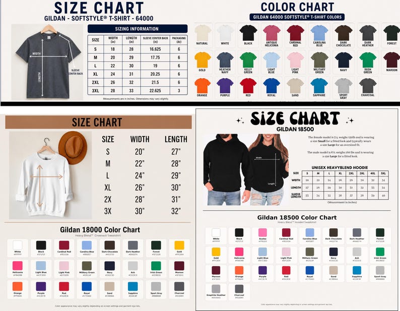 Op de afbeelding: Een uitgebreide referentiegids met maat- en kleurentabellen voor Gildan 64000 t-shirts, 18000 sweatshirts en 18500 hoodies. De afbeelding toont maattabellen in inches, visuele voorbeelden van kledingstukken en rasters met beschikbare kleurstalen voor elke stijl.
