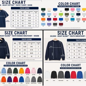 Op de afbeelding: Een uitgebreide maat- en kleurentabel voor Gildan jeugdkleding, inclusief het 5000B t-shirt, de 18500B hoodie en het 18000B sweatshirt. Elke sectie toont illustraties van kledingstukken met breedte- en lengtematen in inches.
