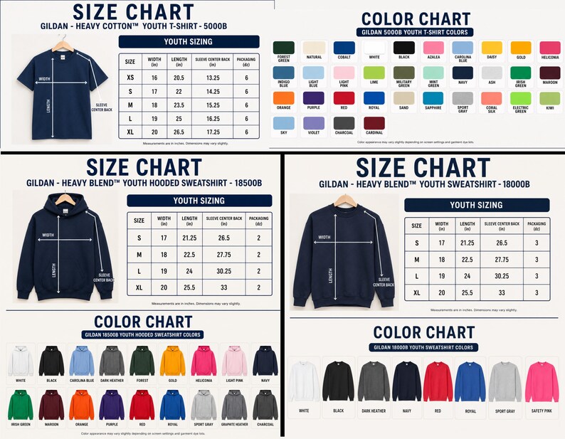 Op de afbeelding: Een uitgebreide maat- en kleurentabel voor Gildan jeugdkleding, inclusief het 5000B t-shirt, de 18500B hoodie en het 18000B sweatshirt. Elke sectie toont illustraties van kledingstukken met breedte- en lengtematen in inches.