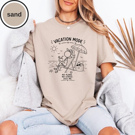 Vacation Mode Beach T-Shirt, Minimal Line Art Summer Travel Tee