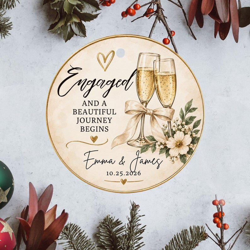 K&ouml;nnte beinhalten: Ein runder Keramikschmuck mit zwei Champagnergl&auml;sern, einer beigen Schleife, wei&szlig;en Blumen und goldenen Herzen. Der Text lautet Engaged and a beautiful journey begins, Emma & James, und 25.10.2026 in schwarzer Schreib- und Serifenschrift.