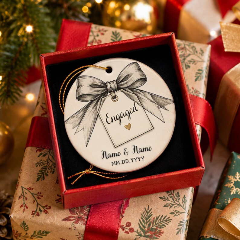 May include: A round white ceramic ornament featuring a black and white sketch of a bow tied to a tag with the word Engaged and a small gold heart. Below the tag, the text reads Name & Name and MM.DD.YYYY. The ornament has a gold hanging string.