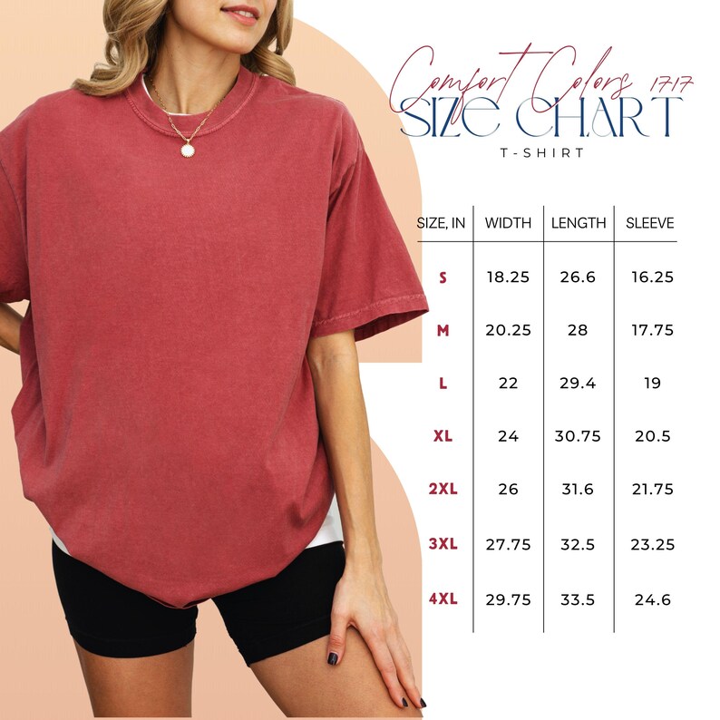 Peut inclure: Un t-shirt rouge uni &agrave; col rond port&eacute; avec un short noir. &Agrave; c&ocirc;t&eacute; se trouve un tableau des tailles Comfort Colors 1717 indiquant la largeur, la longueur et la longueur des manches en pouces, du S au 4XL avec des valeurs num&eacute;riques pr&eacute;cises.