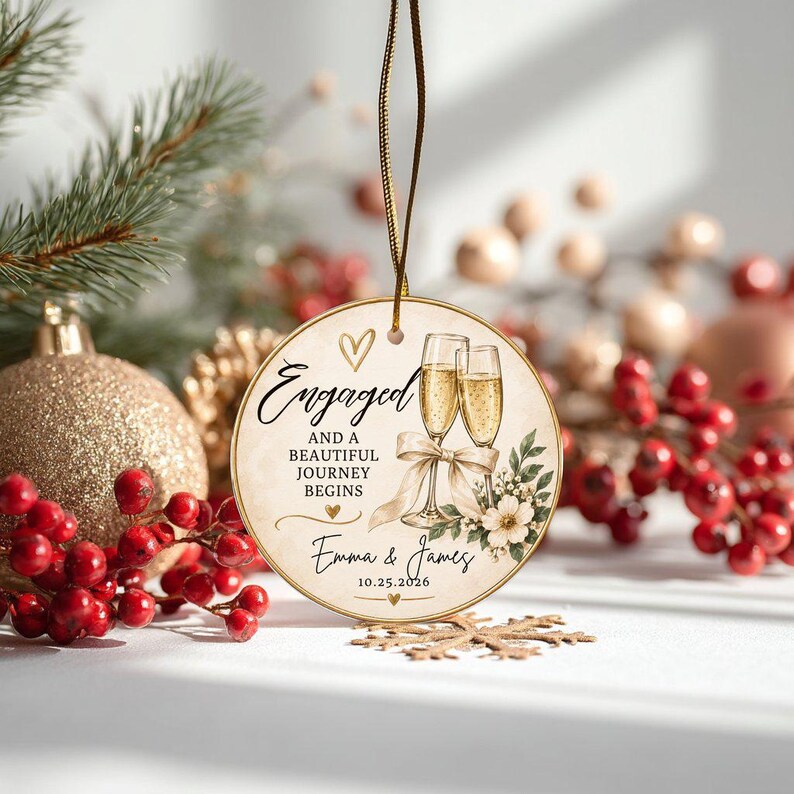 K&ouml;nnte beinhalten: Ein runder Keramikschmuck, der an einer goldenen Kordel h&auml;ngt, mit einer Illustration von zwei Champagnergl&auml;sern, einer wei&szlig;en Schleife und Blumen. Der Text lautet: Engaged and a beautiful journey begins, Emma & James, 10.25.2026, mit kleinen Herzen.