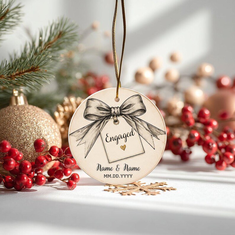 May include: A round, cream-colored ceramic ornament hanging by a gold cord. It features a black-ink illustration of a bow tied to a gift tag with the word Engaged, a small gold heart, and the placeholder text Name & Name and MM.DD.YYYY.