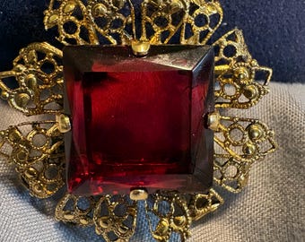 Made in Austria Faceted Ruby Red Glass Brooch