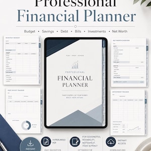 Peut inclure: Un planificateur financier numérique avec un design épuré et moderne. Le planificateur comprend des sections pour le budget, l'épargne, les dettes, les investissements et la valeur nette. Le texte "Professional Financial Planner" est également visible.