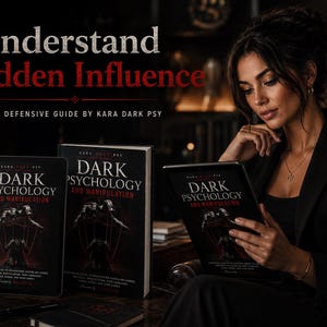 Peut inclure: Une femme lit une tablette avec le livre "Dark Psychology and Manipulation" de Kara Dark Psy. L'image montre également un livre à couverture rigide et une tablette avec le même titre. Le texte "Understand Hidden Influence" est en haut.