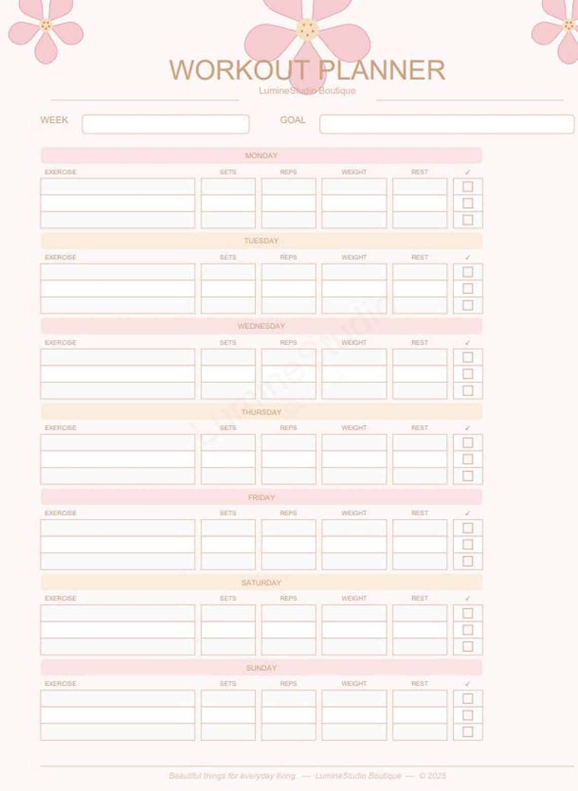 Weekly Workout Planner Printable | Exercise Log Sets Reps | Instant ...