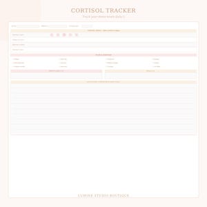 Può includere: Un tracker del cortisolo stampabile con una combinazione di colori rosa e giallo tenue. La parte superiore della pagina recita "CORTISOL TRACKER" e "Tieni traccia dei tuoi livelli di stress quotidianamente". Il tracker include sezioni per date, giorni del ciclo e sintomi fisici.
