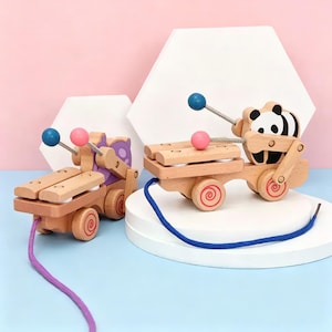 Wooden Bear Pull Along Drum Toy, Toddler Walking Cart, Animal Pull String Toy for Babies, Montessori Learning Gift Age 2-3