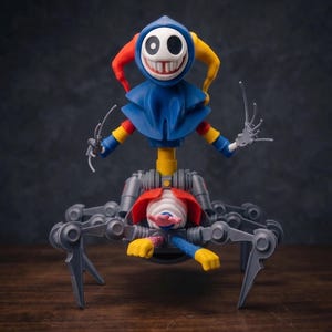 May include: A unique, articulated toy figure featuring a jester-like character with a smiling face and a blue hood. The figure is mounted on a mechanical spider-like base with gray legs and arms. The jester has red, yellow, and blue accents.