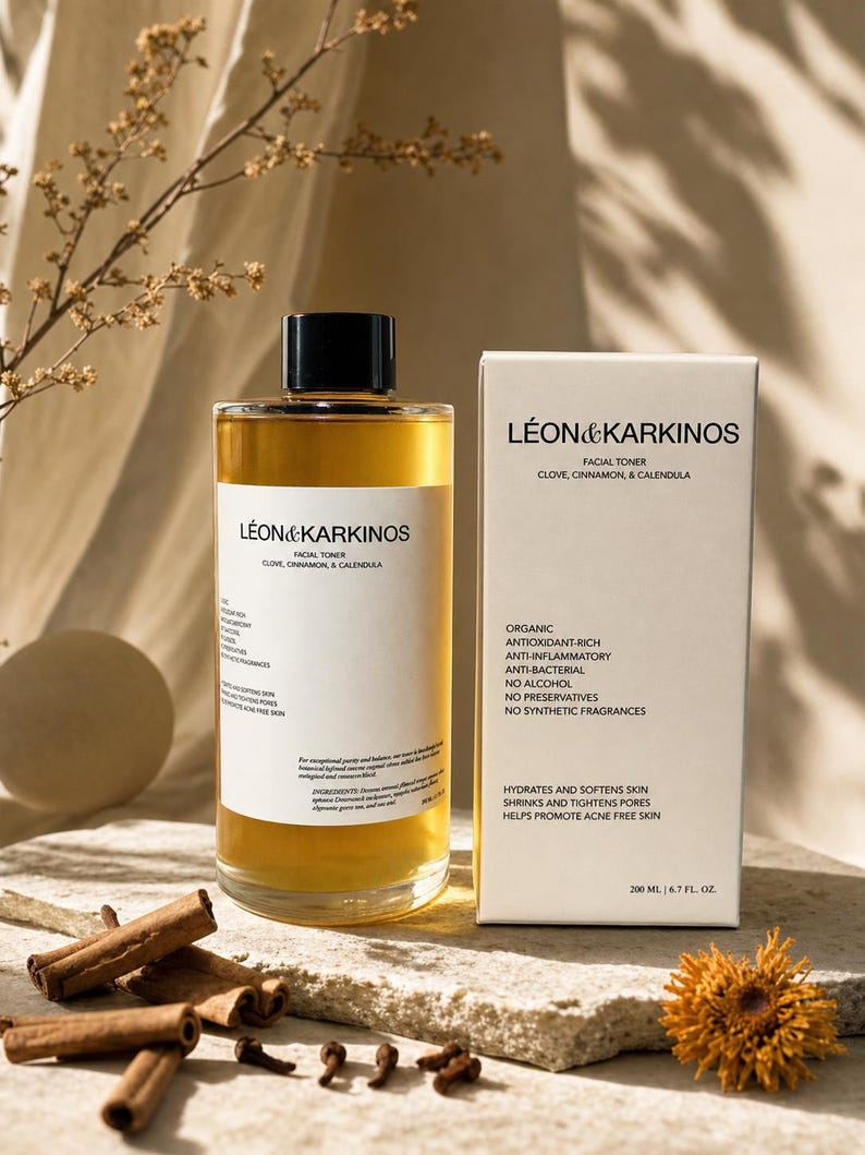 May include: A clear glass bottle and a white box of facial toner, with the brand name "L&Eacute;ON & KARKINOS". The bottle contains a golden liquid, and the box lists ingredients like clove, cinnamon, and calendula. Cinnamon sticks and cloves are arranged near the bottle.