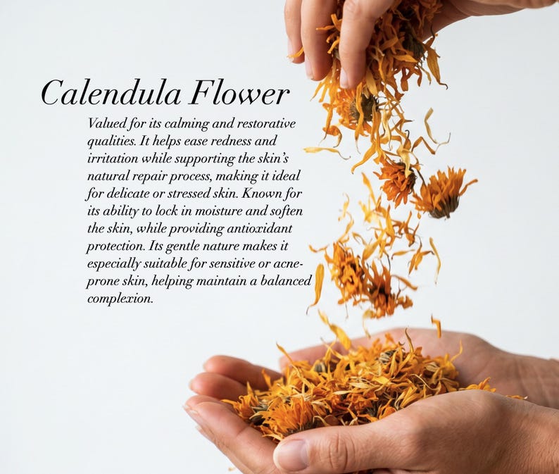May include: Close-up of hands holding and releasing dried calendula flowers. The image includes the text "Calendula Flower" and a description of its benefits for skin care, including calming and restorative qualities.