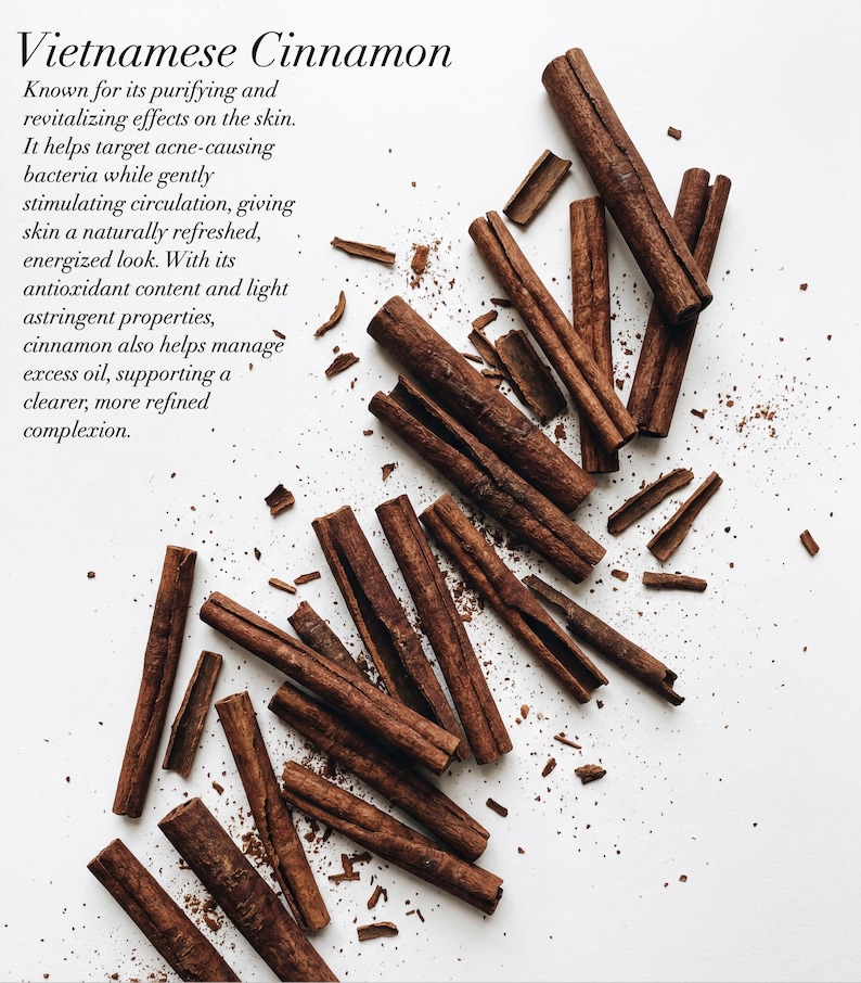 May include: An overhead shot displays several cinnamon sticks and fragments scattered on a white surface. The sticks are a rich brown color, with a textured appearance. The text "Vietnamese Cinnamon" is at the top, with a description below.
