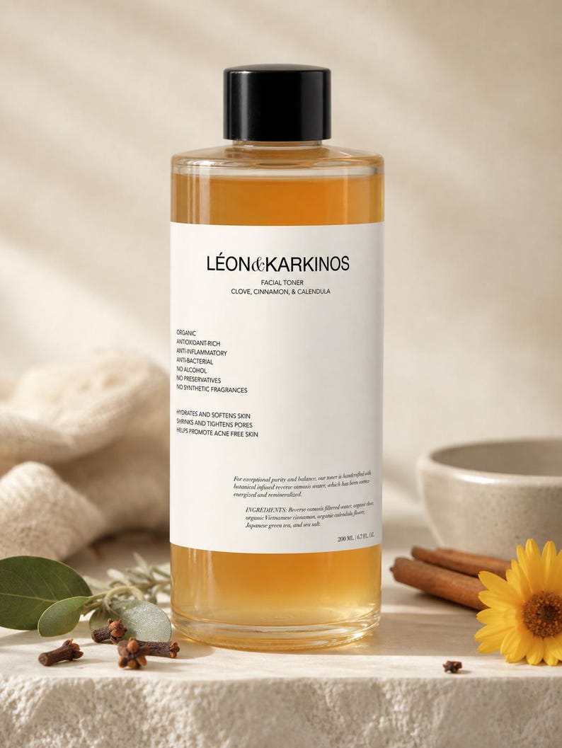 May include: A clear glass bottle of facial toner with a black cap. The label reads "L&Eacute;ON & KARKINOS FACIAL TONER" with ingredients listed. The bottle contains 6.7 fl oz (200 ml) of liquid. Cinnamon sticks, cloves, and a yellow flower are in the background.