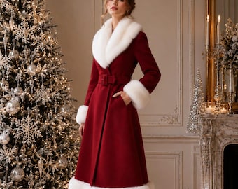 Abrigo rojo de Navidad para mujer, abrigo de invierno con ribete de piel sintética, abrigo para fiestas navideñas, elegante abrigo largo, atuendo navideño inspirado en Papá Noel.