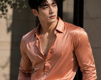Luxe zijden herenshirt, perzikkleurig overhemd met knoopsluiting, overhemd met lange mouwen, overhemd bruiloftsgast, feestshirt, slim fit overhemd, cadeau voor hem