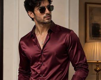 Luxury Maroon Silk Shirt for Men – Shiny Silk Button Down Shirt, Elegant Party Wear, Wedding Guest Formal Shirt, Designer Mens Fashion