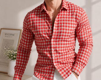 Camisa de hombre a cuadros vichy rojos, camisa de algodón a cuadros con botones, camisa casual de manga larga, moda casual elegante para hombre.